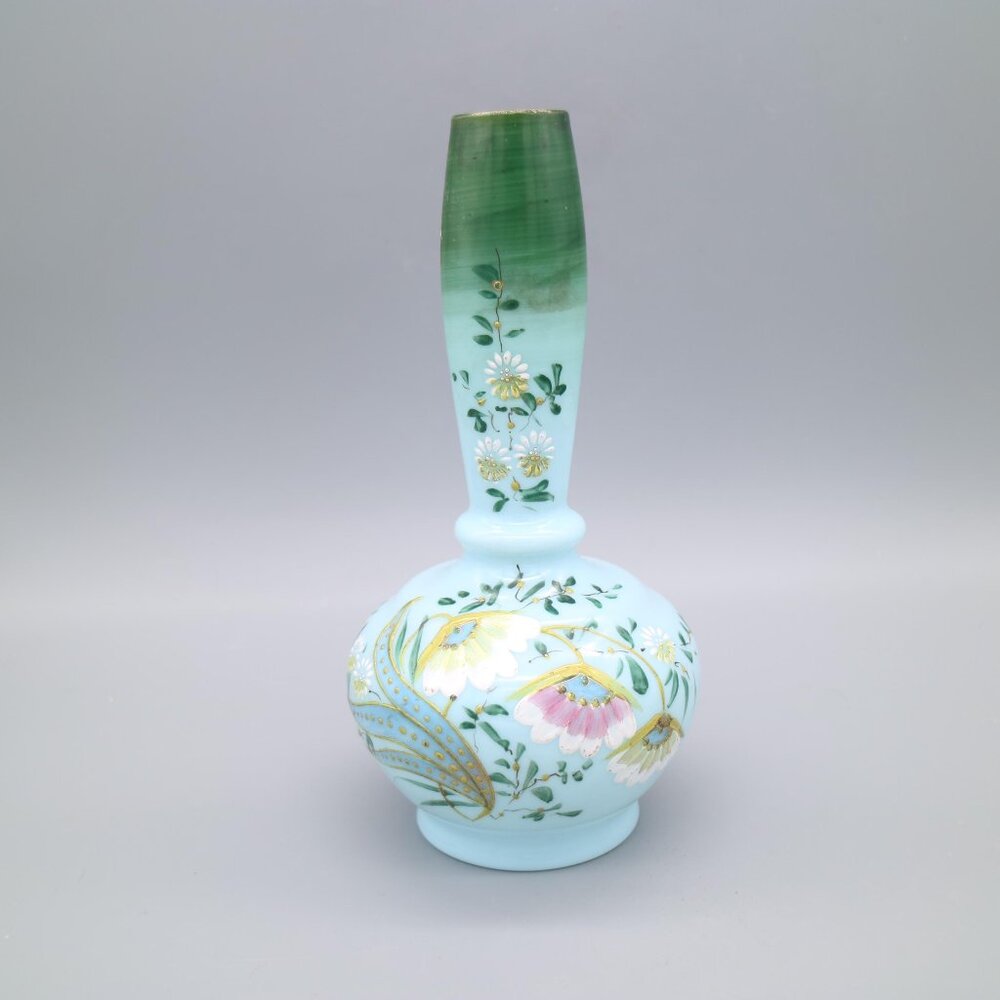 Victorian Style Bristol Blue Milk Glass, Hand Painted, Hand Blown with Enamelled